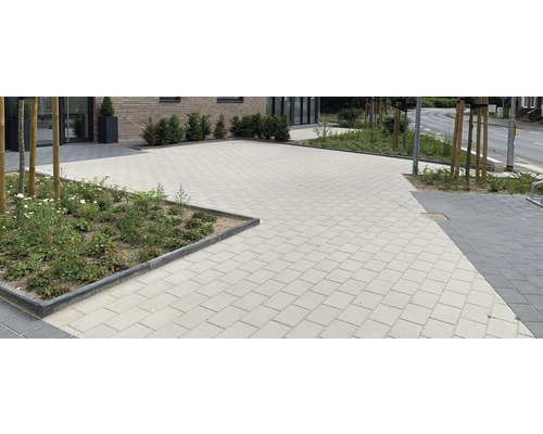 Surface pavée avec des dalles en béton et des parterres