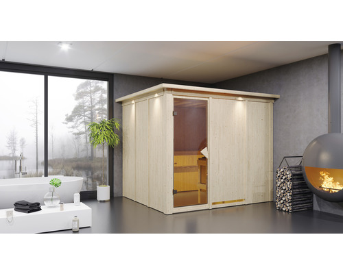 Sauna modulaire Karibu Gobina avec poêle 9 kW et commande intégrée avec couronne et portes entièrement vitrées coloris bronze