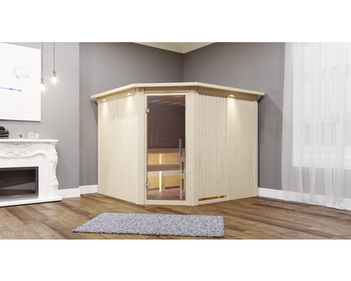 Sauna modulaire Karibu Malina avec poêle bio 9 kW et commande externe avec couronne et portes entièrement vitrées transparentes