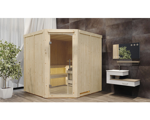 Sauna d''angle en bois avec porte en verre dans une salle de bains