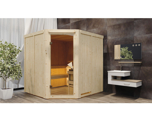 Ecksauna aus Holz mit Glastür in einem Badezimmer