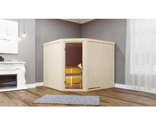 Sauna modulaire Karibu Malina avec poêle 9 kW et commande extérieure, sans couronne Sauna d'angle en bois avec porte en verre dans une pièce lumineuse
