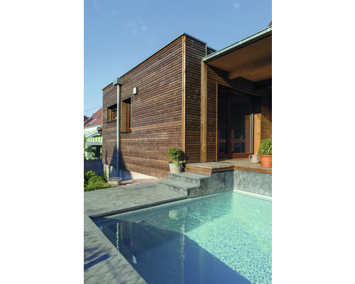Maison moderne en bois avec piscine dans le jardin.