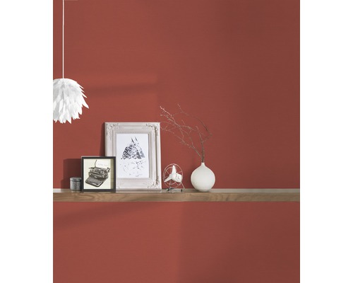 Intérieur avec mur rouge, étagère, lampe et décorations