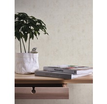 Nahaufnahme eines Tisches mit Pflanze, Büchern und geöffneter Schublade vor einer strukturierten Wand