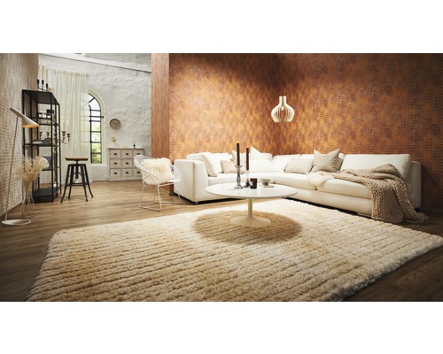 Wohnzimmer mit Sofa, Teppich und Dekorationsgegenständen für ein gemütliches Ambiente