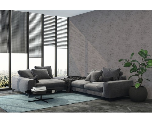 Wohnzimmer mit grauer Eckcouch, Jalousien und Zimmerpflanze