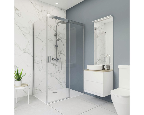 Salle de bains moderne avec cabine de douche, meuble-lavabo et toilettes