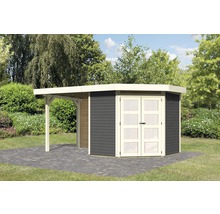Abri de jardin avec extension couverte et porte double dans le jardin