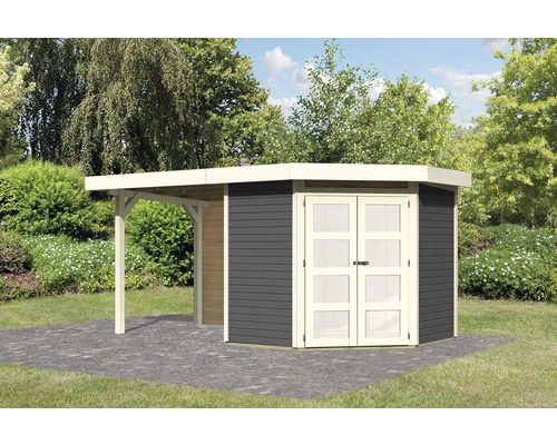 Gartenhaus Karibu Grünwald 3 inkl. Anbaudach 2,4 m und Rückwand 433 x 217 cm terragrau