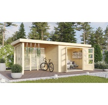 Gartenhaus Karibu Kodiak 4 inkl. Anbaudach 2,8 m, Feuerholzoption 591,5 x 238 cm natur