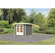 Abri de jardin avec double porte devant une scène de jardin