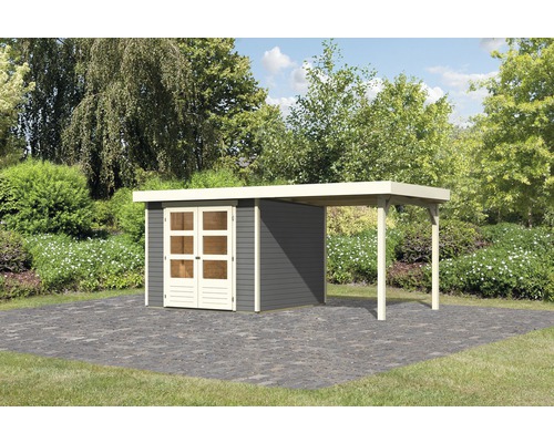 Gartenhaus Karibu Kodiak 3,5 inkl. Anbaudach 2,4 m 491 x 262 cm terragrau