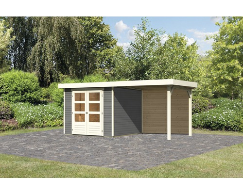 Gartenhaus Karibu Kodiak 3.5 inkl. Schleppdach 2.4 m und Rückwand 462x246 cm terragrau