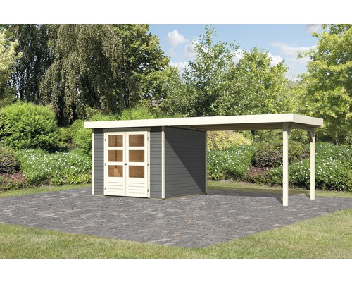 Karibu Gartenhaus Kodiak 3,5 inkl. Anbaudach 2,8 m 497 x 246 cm terragrau