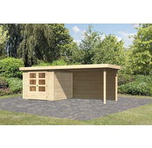 Abri de jardin en bois avec auvent sur pavés dans le jardin