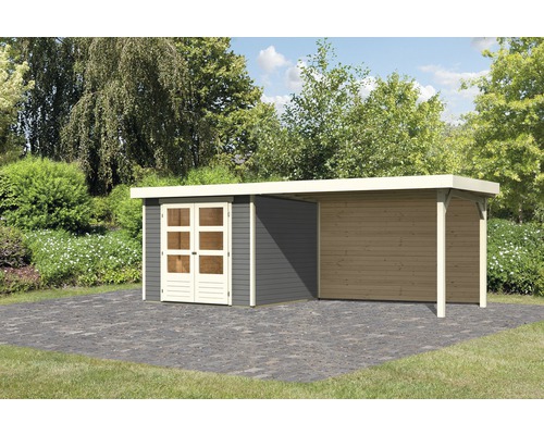 Karibu Gartenhaus Kodiak 3,5 inkl. Anbaudach 2,8 m, Rückwand 497 x 246 cm terragrau