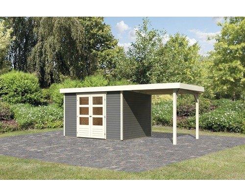 Abri de jardin Karibu Kodiak 5 avec extension de toit de 2,4 m 554 x 262 cm gris terre Abri de jardin Karibu Kodiak 5 avec extension de toit de 2,4 m 554 x 262 cm gris terre