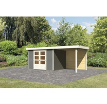 Abri de jardin Karibu Kodiak 5 avec toit en appentis de 2,4 m et paroi arrière 554 x 262 cm gris terre