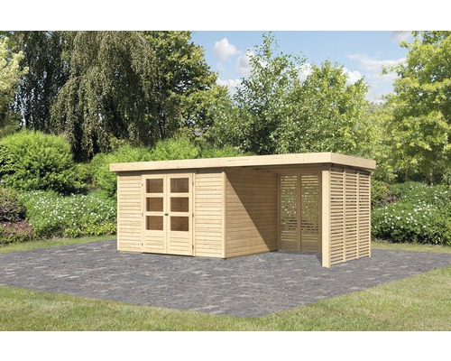 Abri de jardin Karibu Kodiak 5 avec toit en appentis 2,4 m, option bois au feu naturel