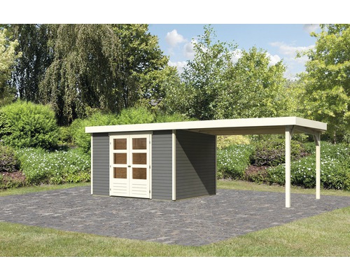 Gartenhaus Karibu Kodiak 5 inkl. Anbaudach 2,8 m 591,5 x 262 cm terragrau