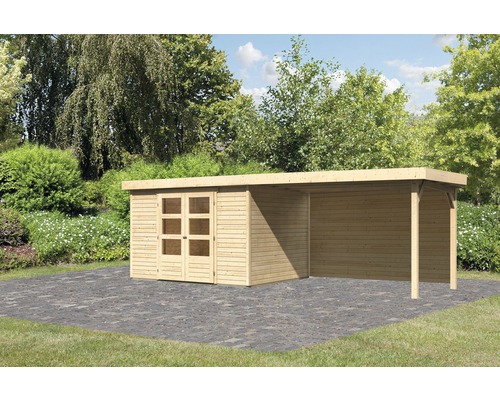Abri de jardin Karibu Kodiak 5 avec extension de toit de 2,8 m, paroi arrière de 591,5 x 262 cm naturel Abri de jardin Karibu Kodiak 5 avec extension de toit de 2,8 m, paroi arrière de 591,5 x 262 cm naturel