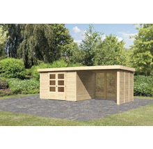 Gartenhaus mit Doppeltür und seitlichem Anbau im Garten