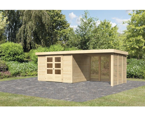 Abri de jardin Karibu Kodiak 5 avec toit en appentis 2,8 m, option bois au feu naturel