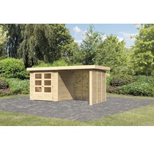 Abri de jardin en bois avec double porte et élément à lamelles latérales en extérieur