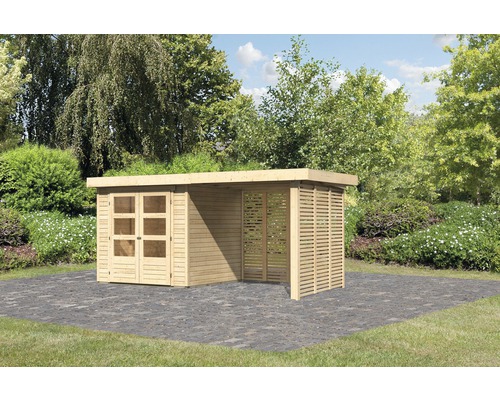 Abri de jardin Karibu Kodiak 2 avec toit en appentis 2,4 m, option bois au feu naturel