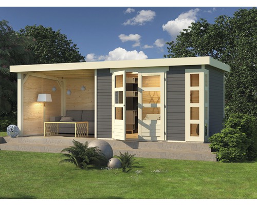 Abri de jardin Karibu Naomi 5 avec extension de toit de 2,8 m, parois arrière et latérale 591,5 x 262 cm gris terre Abri de jardin Karibu Naomi 5 avec extension de toit de 2,8 m, parois arrière et latérale 591,5 x 262 cm gris terre
