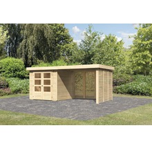 Abri de jardin en bois avec paroi à lamelles et double porte sur une surface pavée