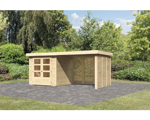 Abri de jardin Karibu Kodiak 2 avec toit en appentis 2,8 m, option bois au feu naturel