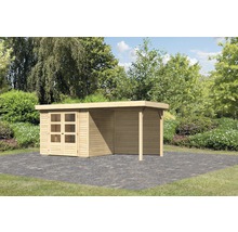 Abri de jardin avec annexe sur sol pavé