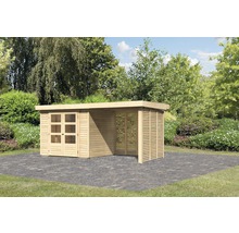 Abri de jardin en bois avec double porte et paroi à lamelles dans le jardin