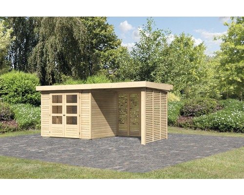 Abri de jardin Karibu Kodiak 3 avec toit en appentis 2,4 m, option bois au feu naturel