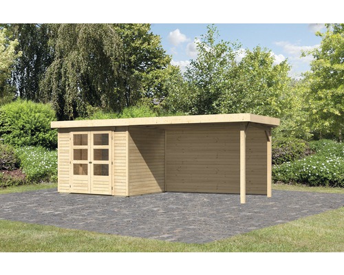 Abri de jardin Karibu Kodiak 3 avec extension de toit de 2,8 m, paroi arrière de 528,5 x 238 cm naturel