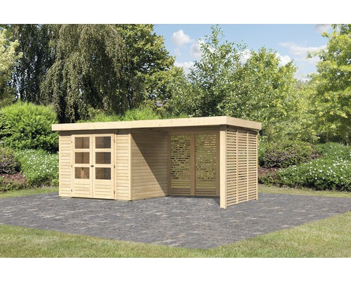 Abri de jardin Karibu Kodiak 3 avec toit en appentis 2,8 m, option bois au feu naturel