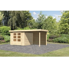 Abri de jardin en bois avec extension sur dalles de pierre