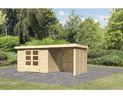 Abri de jardin Karibu Kodiak 4 avec toit en appentis 2,4 m, option bois au feu naturel