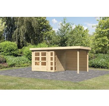 Abri de jardin en bois avec porte double et annexe latérale dans le jardin