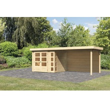 Abri de jardin en bois avec double porte et auvent dans le jardin