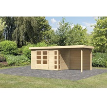 Gartenhaus aus Holz mit Doppeltür und Seitenanbau auf Pflastersteinen