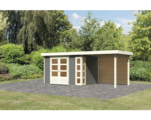 Gartenhaus Karibu Naomi 4 inkl. Anbaudach 2,4 m, Rückwand 554 x 238 cm terragrau