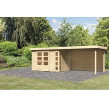 Gartenhaus Karibu Naomi 4 inkl. Anbaudach 2,8 m, Rückwand 591,5 x 238 cm natur