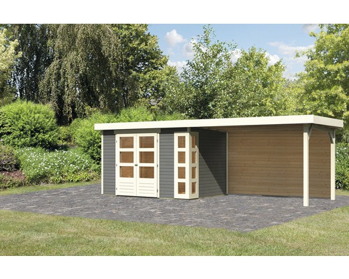 Abri de jardin Karibu Naomi 4 avec extension de toit de 2,8 m, paroi arrière 591,5 x 238 cm gris terre Abri de jardin Karibu Naomi 4 avec extension de toit de 2,8 m, paroi arrière 591,5 x 238 cm gris terre