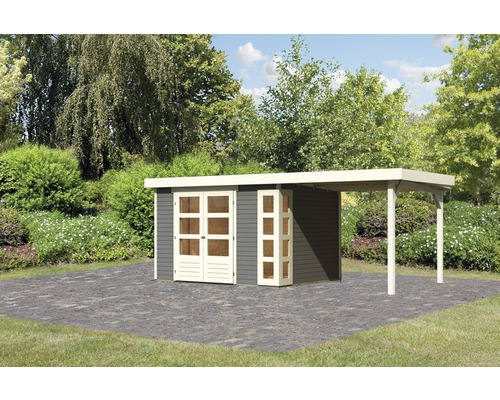 Abri de jardin Karibu Naomi 5 avec extension de toit de 2,4 m 554 x 262 cm gris terre Abri de jardin Karibu Naomi 5 avec extension de toit de 2,4 m 554 x 262 cm gris terre