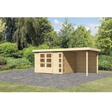 Gartenhaus Karibu Naomi 5 inkl. Anbaudach 2,4 m, Rückwand 554 x 262 cm natur
