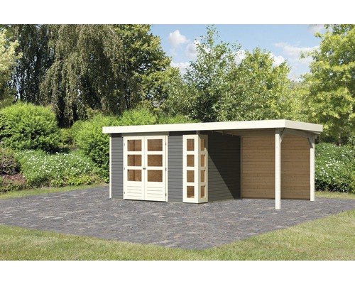 Abri de jardin Karibu Naomi 5 avec extension de toit de 2,4 m, paroi arrière 554 x 262 cm gris terre Abri de jardin Karibu Naomi 5 avec extension de toit de 2,4 m, paroi arrière 554 x 262 cm gris terre