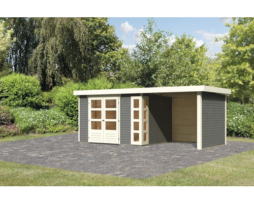 Abri de jardin Karibu Naomi 5 avec extension de toit de 2,4 m, parois arrière et latérale 554 x 262 cm gris terre Abri de jardin Karibu Naomi 5 avec extension de toit de 2,4 m, parois arrière et latérale 554 x 262 cm gris terre